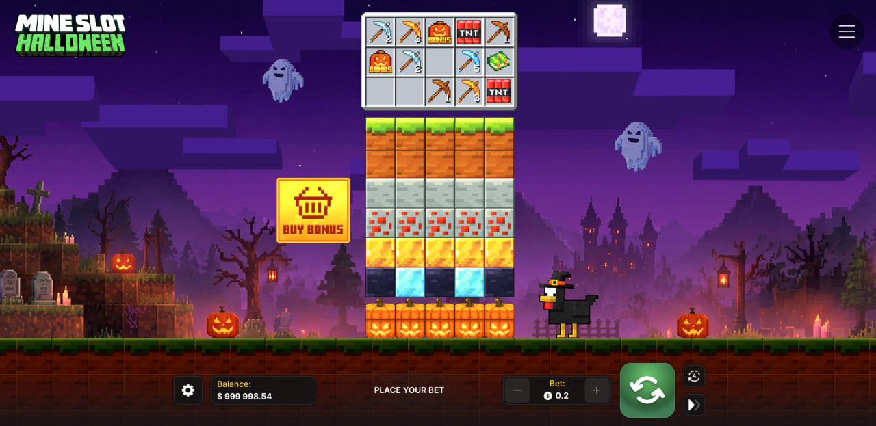 Spielbildschirm von Mine Slot Halloween mit Blockspalten, Werkzeugleiste und Buy-Bonus-Schaltfläche