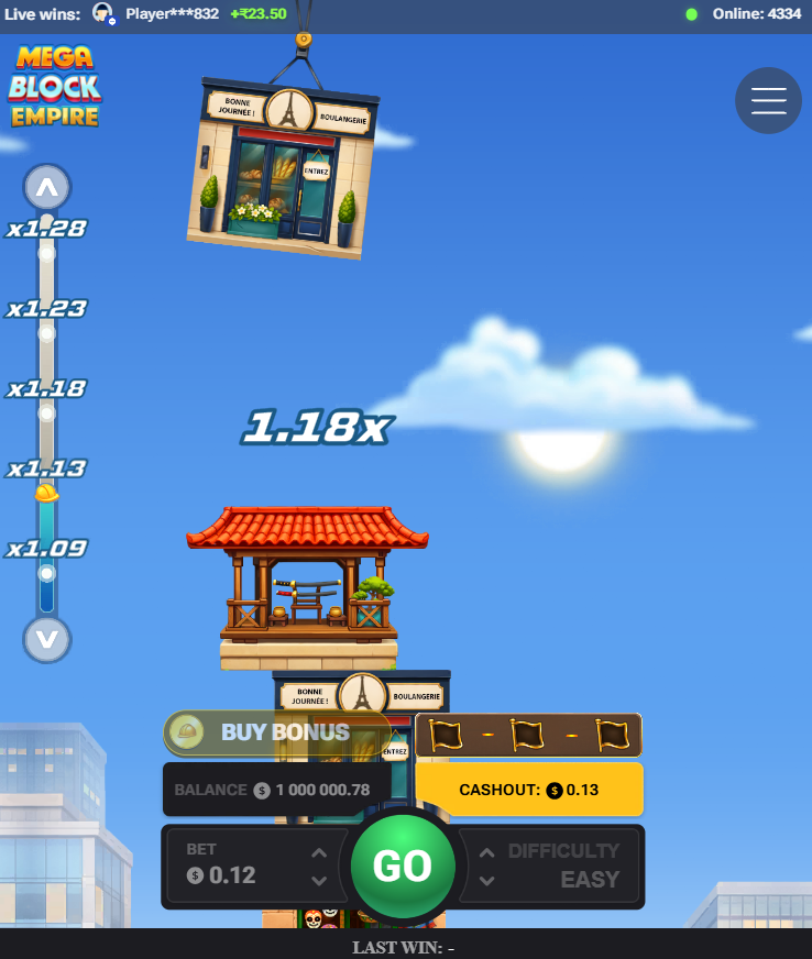 MegaBlock Empire im Hochformat auf dem Smartphone mit Bonus-Buy-Taste
