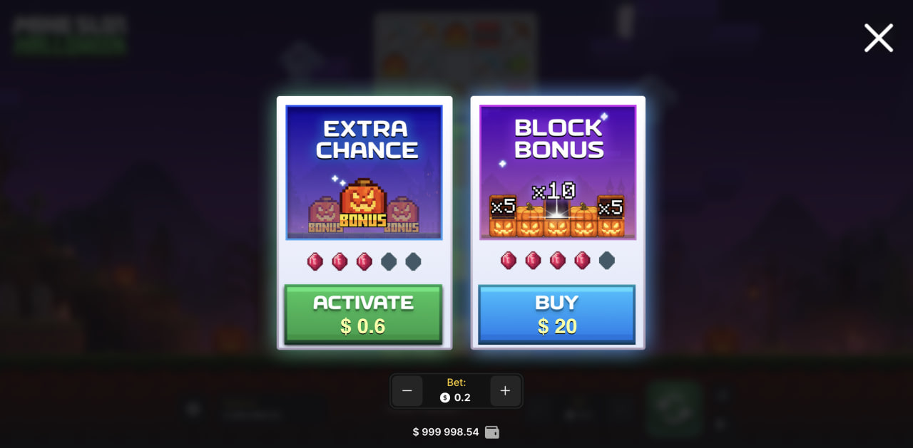 Fenster mit Extra Chance und Block Bonus von Mine Slot Halloween am Computer