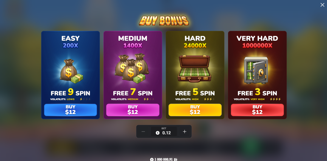 MegaBlock Empire Bonus Buy Menü mit vier Freispiel-Optionen