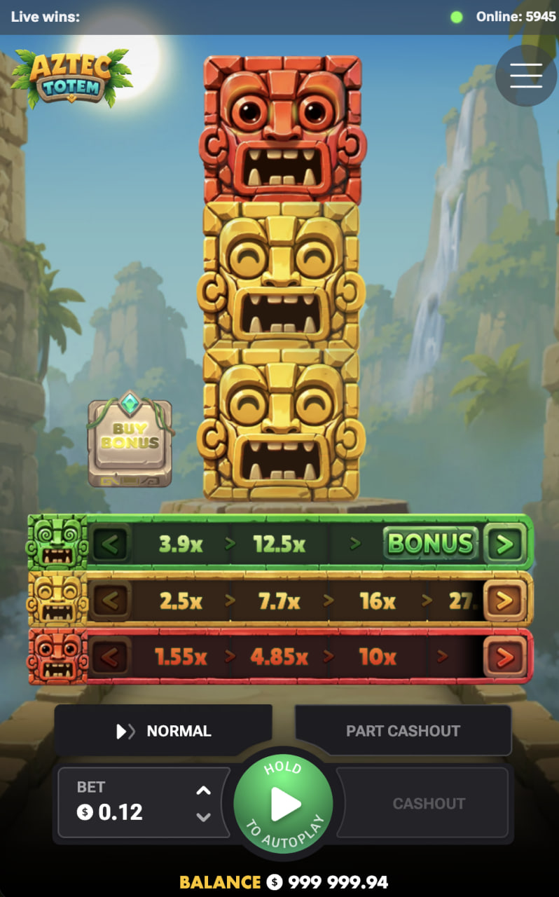 Aztec Totem im Hochformat auf dem Handy mit drei Pfaden und Cashout-Taste
