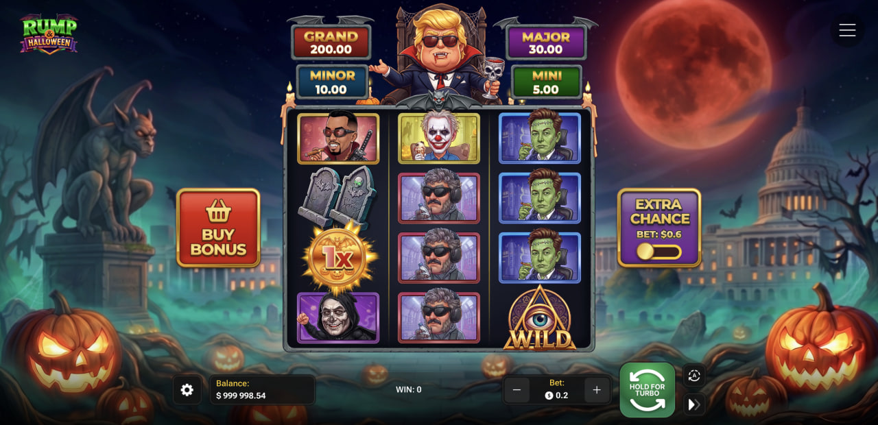 Spielbildschirm von Rump & Halloween mit Raster, vier Jackpots, Buy Bonus und Extra Chance