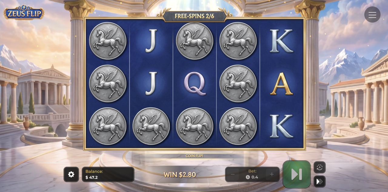 Walzen von Zeus Flip während der Freispiele mit Pegasus-Silbermünzen beim Coin Flip